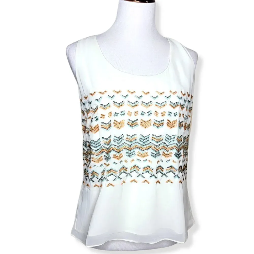 Greylin Racerback Sequin Bead Embellished Boho Tank Top Blouse White Medium